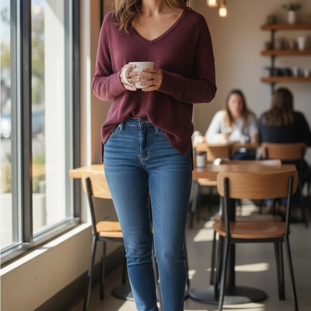 Abercrombie & Fitch Burgundy Long Sleeve V-Neck Top